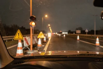 Radar de chantier sur autoroute la nuit avec cônes de signalisation et panneaux de limitation temporaire