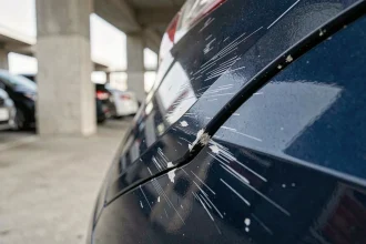 Gros plan sur des rayures profondes sur un panneau de porte en plastique de voiture bleue dans un parking