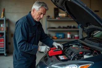 Mécanicien connectant un chargeur de batterie sur une voiture dans un garage résidentiel