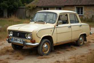 Renault 12 berline vintage des années 1970 garée dans la campagne française avec patine authentique et chrome d'époque
