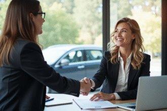 Femme confiante serrant la main de son agent d'assurance dans un bureau moderne