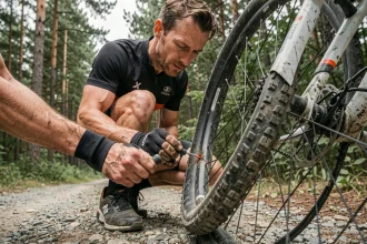 Cycliste réparant un pneu tubeless à la main avec un kit de bouchon sur un chemin forestier en gravier
