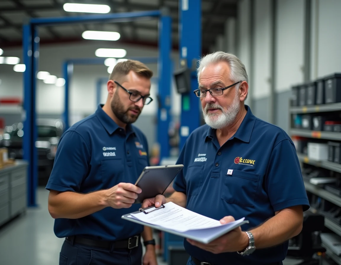 Deux responsables d'atelier automobile vérifiant les préconisations constructeurs sur un écran mural et un clipboard dans un garage professionnel