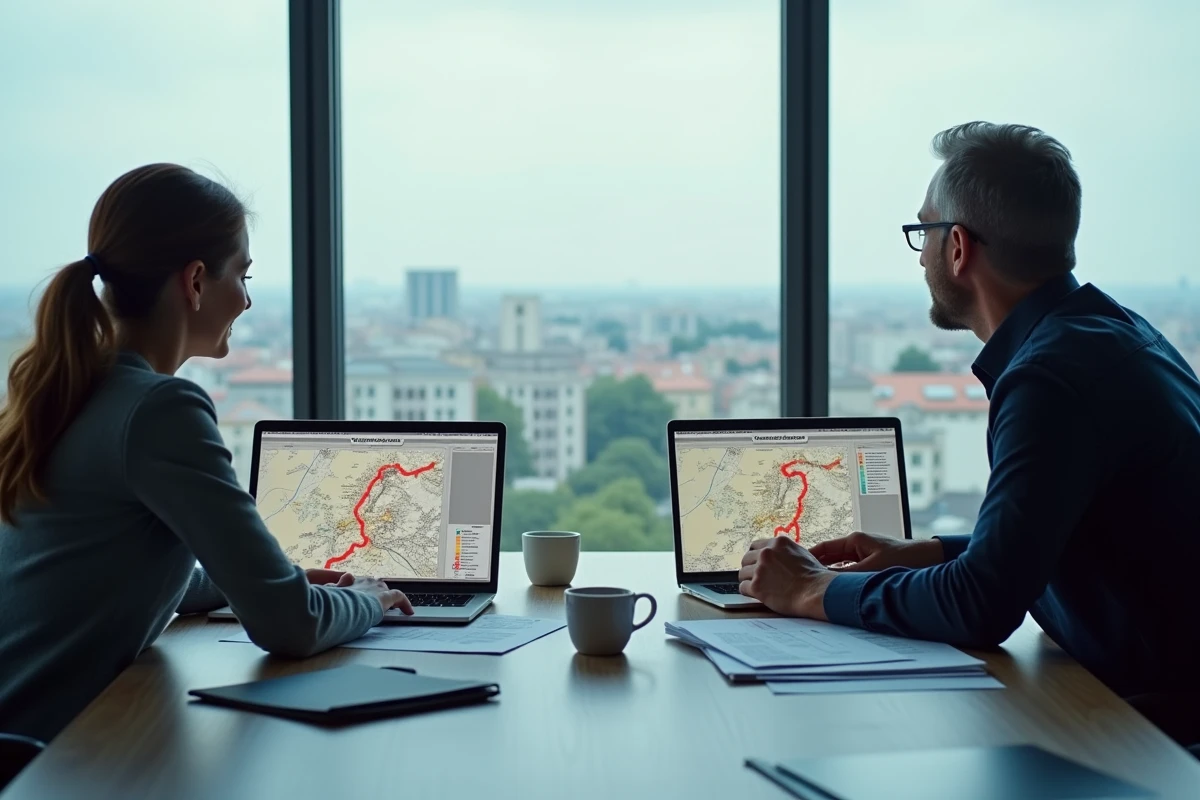 Responsables réseau Transak analysant une carte d'expansion des agences automobiles en réunion de travail