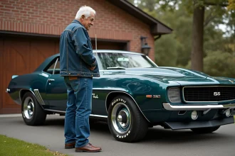 Homme inspectant une Camaro 1969 restaurée devant un garage