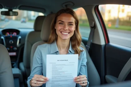 Jeune femme tenant son résultat d'examen du permis de conduire avec un sourire soulagé à l'intérieur d'une voiture