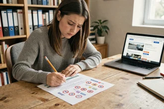 Jeune femme étudiant les questions du permis de conduire 2026 sur un document PDF imprimé à son bureau