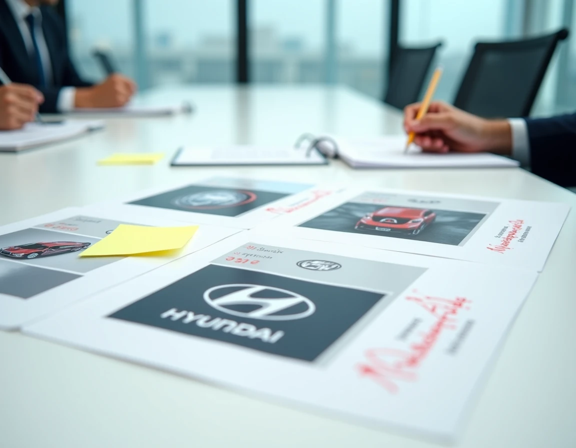 Vue en plongée d'un tableau de présentation marketing avec des corrections annotées sur des mises en page du logo Hyundai