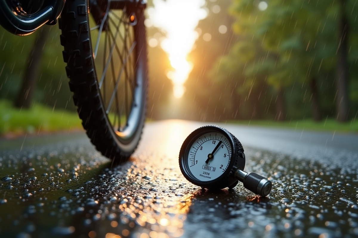 Roue de vélo sur route mouillée avec manomètre digital au sol