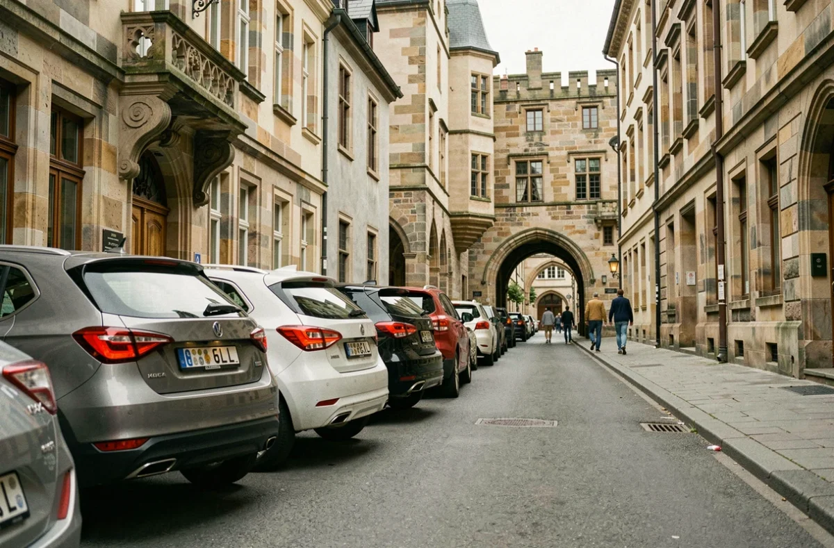 Rue de Luxembourg-Ville avec rangée de voitures arborant des plaques d'immatriculation L dans un cadre architectural médiéval