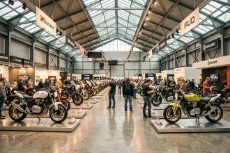Vue panoramique du salon moto de Milan 2026 avec des rangées de motos exposées et des visiteurs dans un vaste hall d'exposition