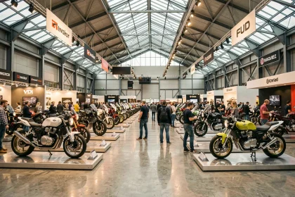 Vue panoramique du salon moto de Milan 2026 avec des rangées de motos exposées et des visiteurs dans un vaste hall d'exposition