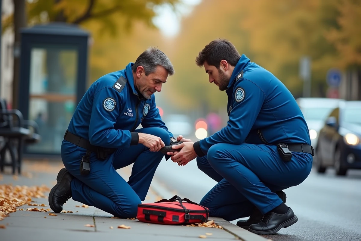 Secouriste prodiguant les premiers soins à un cycliste blessé assis sur un trottoir lors d'un accident à Chambéry