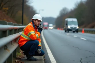 Secouriste en gilet haute visibilité communiquant par radio sur une autoroute après un accident dans le nord de la France