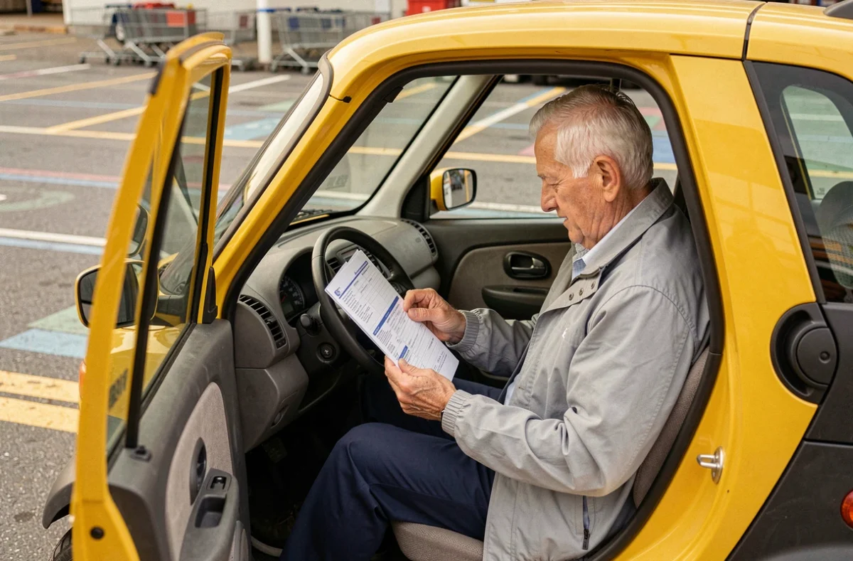 Un homme âgé consulte un contrat d'assurance voiture sans permis à l'intérieur de son véhicule dans un parking