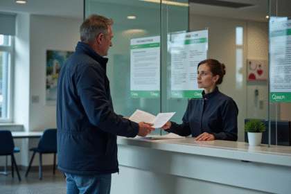 Homme d'âge moyen présentant des documents à un agent administratif