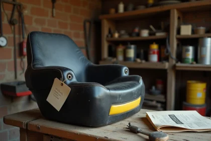 Siège de tracteur en plastique noir avec mousse jaune posé sur un établi en bois dans un atelier agricole rustique