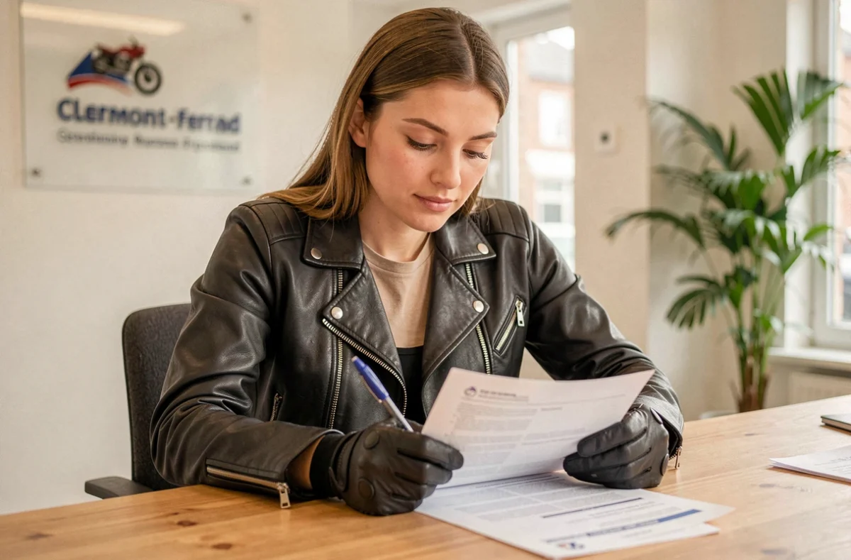 Femme motarde signant un contrat d'assurance moto dans une agence à Clermont-Ferrand