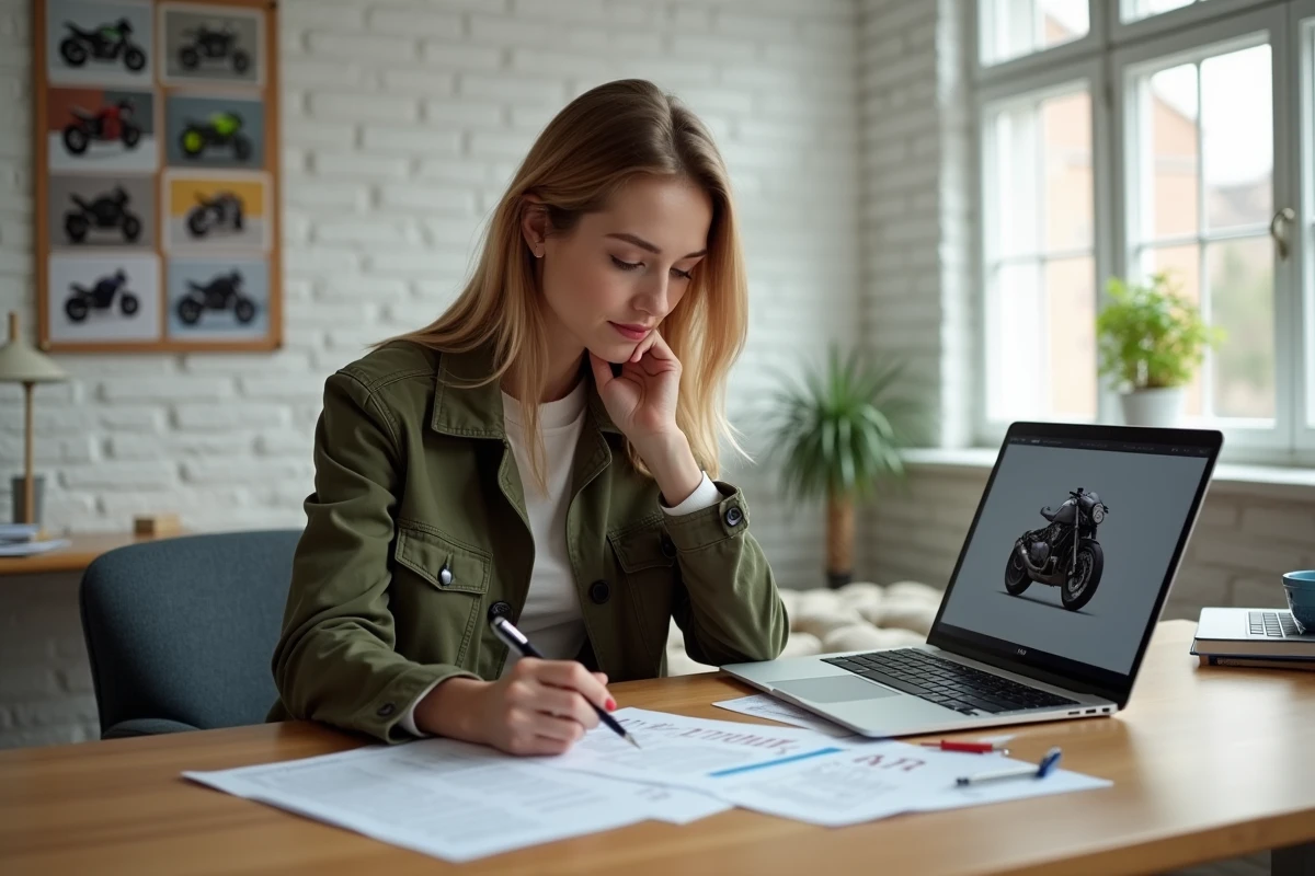 Femme consultant une simulation de budget pour un covering moto sur ordinateur portable avec des fiches de prix imprimées