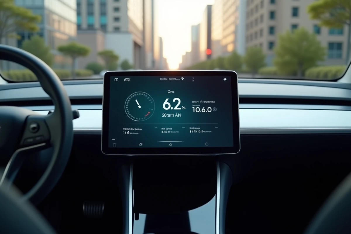 Tableau de bord d'un véhicule électrique affichant la puissance en kW et l'autonomie de la batterie