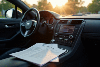 Tableau de bord de voiture avec carnet d'entretien en lumière