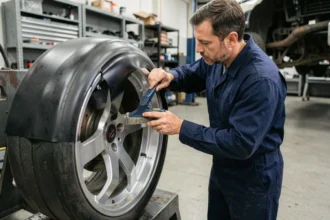 Technicien automobile appliquant un covering vinyl noir mat sur une jante en alliage en atelier