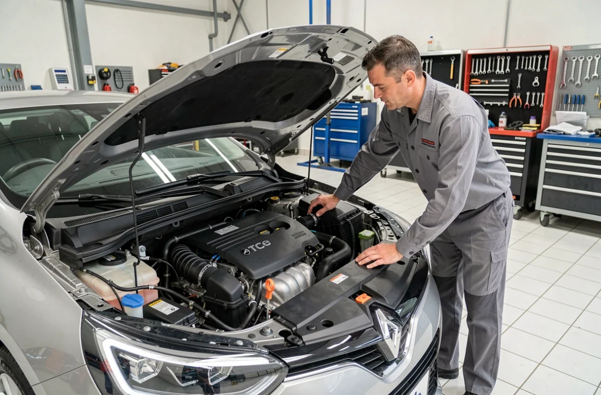 Technicien inspectant le moteur essence d'une Renault Mégane break en atelier automobile professionnel