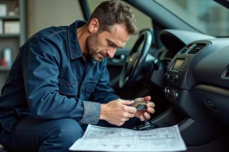Technicien automobile étudiant le schéma de branchement autoradio Peugeot avec faisceau de fils colorés