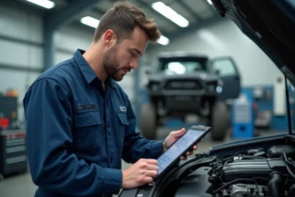 Technicien automobile consultant les préconisations constructeurs sur une tablette dans un atelier de mécanique professionnel
