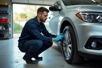 Mécanicien connectant un scanner OBD2 au capteur ABS d'une voiture dans un garage domestique