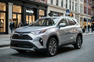 Toyota SUV garé en ville, vue 3/4 avant avec badge Toyota visible sur la calandre, arrière-plan urbain flou en bokeh