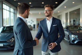 Client satisfait serrant la main d'un vendeur dans un showroom de voitures de prestige après une transaction réussie