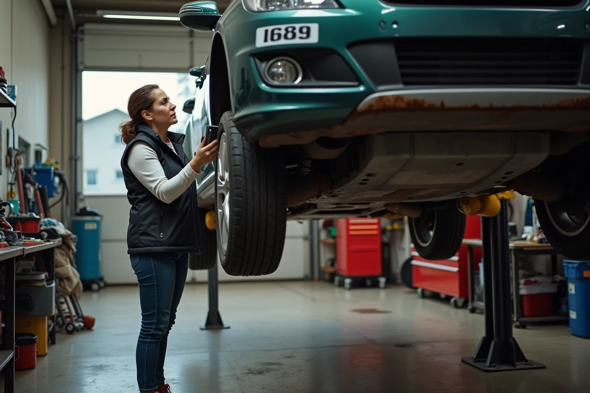 Femme acheteur inspectant le châssis et le dessous d'une voiture de rallye soulevée sur cric dans un garage indépendant