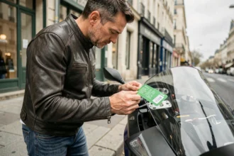 Motard examinant une vignette d'assurance moto verte collée sur le pare-brise de sa moto en ville