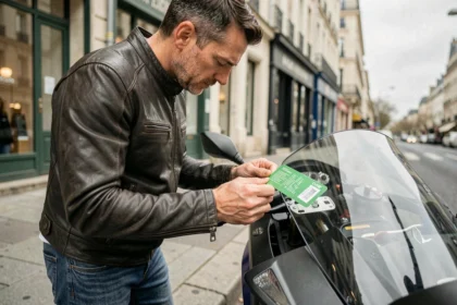 Motard examinant une vignette d'assurance moto verte collée sur le pare-brise de sa moto en ville