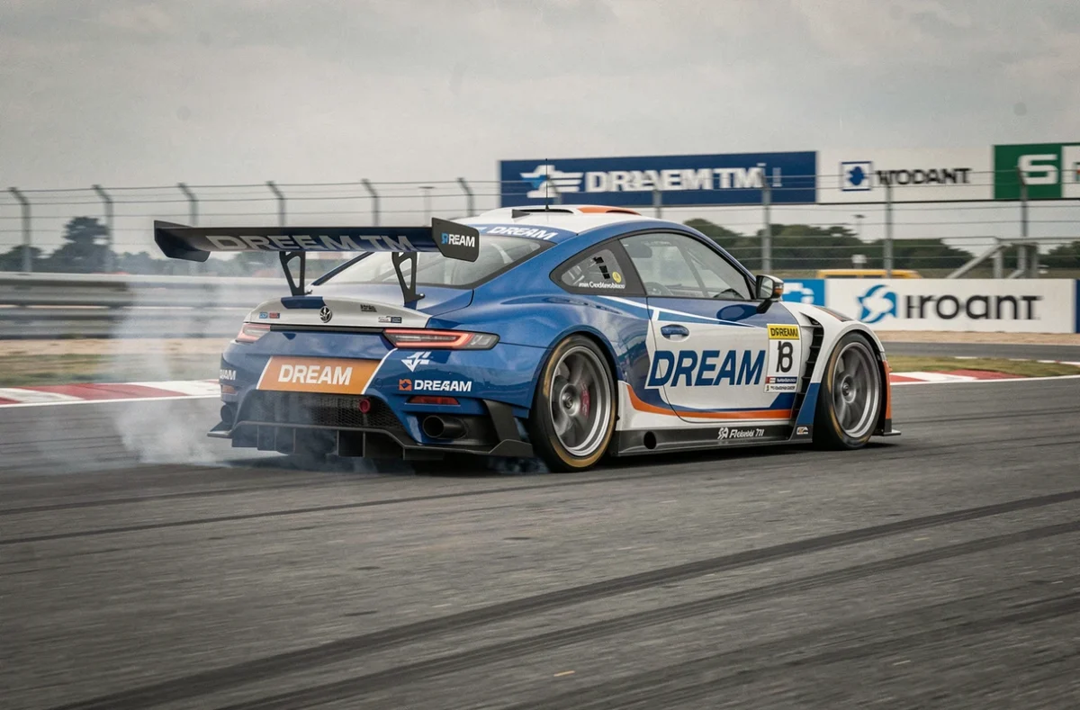 Voiture de course DREAM TM en pleine action dans un virage sur circuit lors d'une session chronométrée