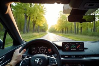Voiture électrique moderne sur route de campagne ensoleillée