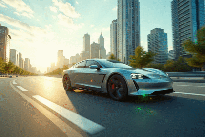 Voiture hybride moderne sur une route urbaine ensoleillee