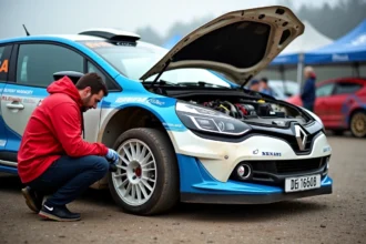 Voiture de rallye Groupe N en service park avec mécanicien inspectant les freins lors d'une épreuve régionale