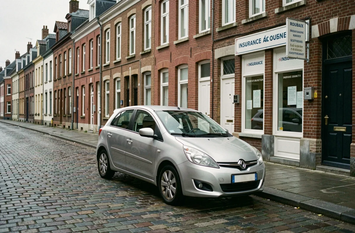 Voiture garée dans une rue pavée de Roubaix devant des maisons en briques et une agence d'assurance