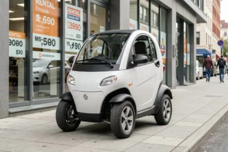 Voiture sans permis blanche garée devant une agence de location en milieu urbain