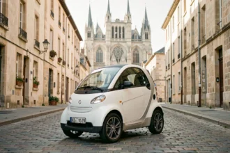 Voiture sans permis blanche garée dans le centre historique de Bourges avec la cathédrale Saint-Étienne en arrière-plan