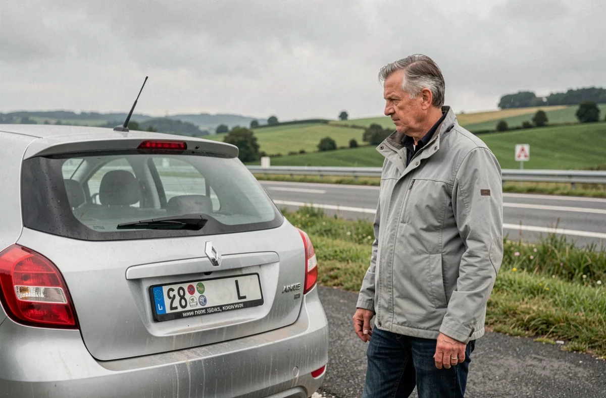 Homme examinant une plaque d'immatriculation étrangère portant la lettre L du Luxembourg au bord d'une route européenne