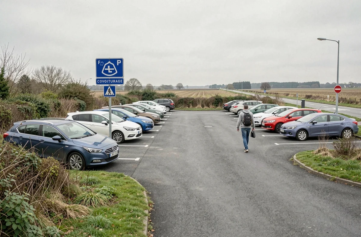 Vue large de l'aire de covoiturage de Chavagne avec voitures garées et panneau de signalisation