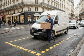 Livreur déposant un colis dans une zone de livraison délimitée par des pointillés jaunes peints sur l'asphalte en ville
